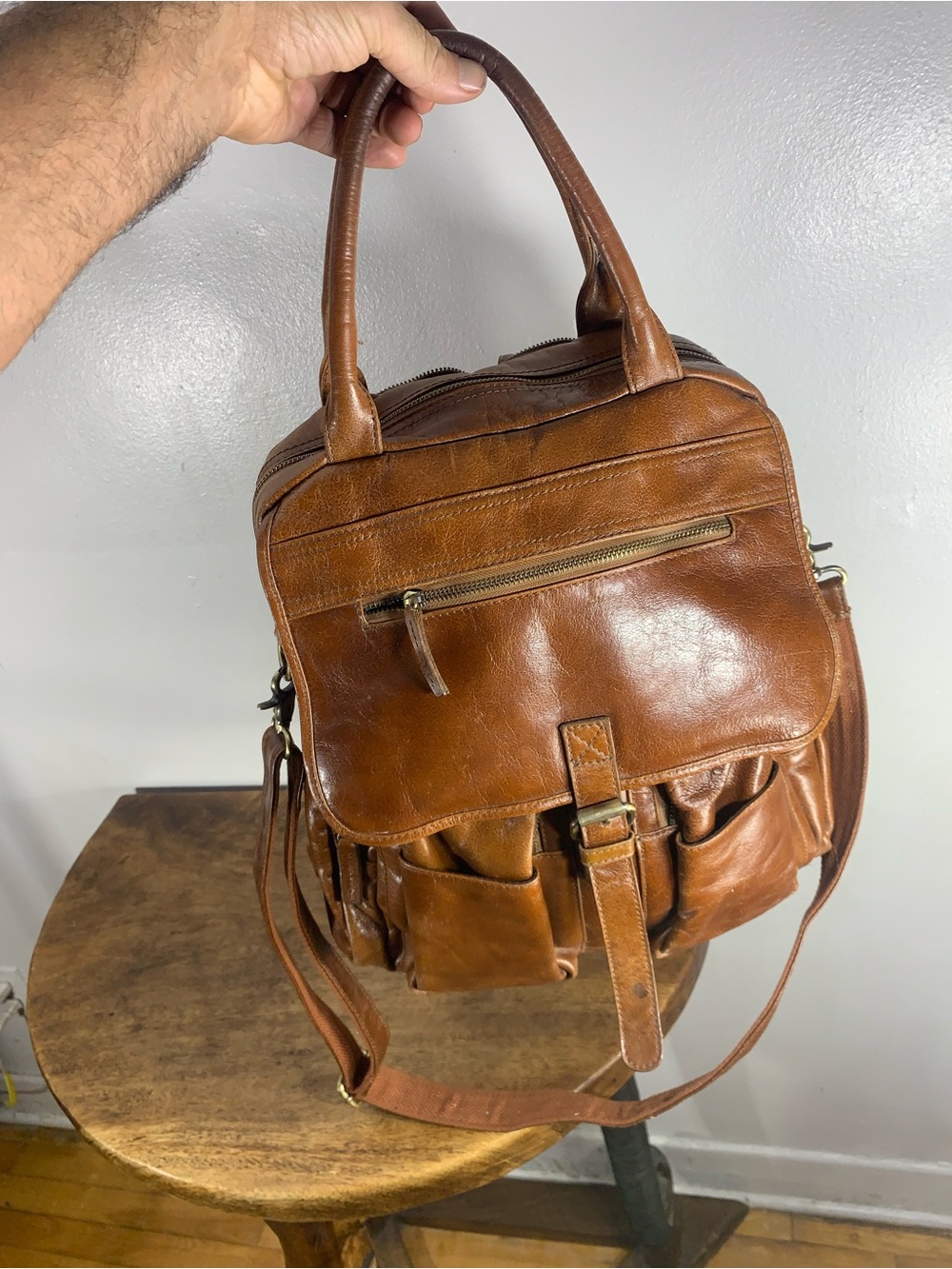 Rare Vintage Brown Leather Convertible Backpack Purse – Multi-Pocket Travel